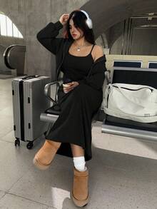 SHEIN EZwear 两件套加大码纯色落肩拉链连帽衫和吊带连衣裙，休闲款 - 黑色 - 查看 3
