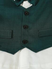 3 pezzi Completo elegante da bambino maschio: Camicia a maniche lunghe in maglia bianca con colletto e fiocco, Gilet monopetto, e Pantaloni casual in vita elastica, Abbigliamento elegante e di stile adatto per feste di compleanno, feste di Natale, battesimi, 1° compleanno, eventi formali, spettacoli, matrimoni, festa di nascità, primavera e autunno