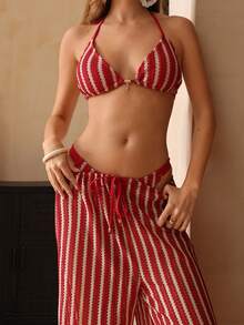 Swim Chiccia 女士撞色条纹比基尼套装 - 紅色 - 查看 6