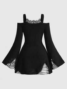 ROMWE Gothic Lace Trim Ripped Design Off-Shoulder Flare Sleeve Fitted A-Line Sweater Dress - Black - View 2