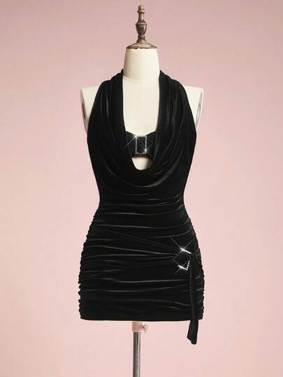 J-Fashion Vestido de mujer con cuello en pico y cintura fruncida 2 en 1 estilo retro Y2K