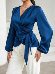 Modelyn Áo cánh tay đèn lồng màu trơn thanh lịch dành cho nữ - màu nâu - Xem 4