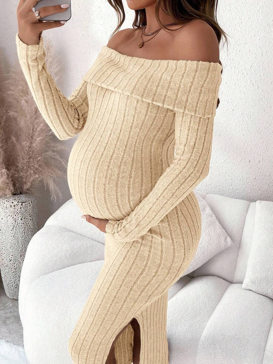 SHEIN Setelan Gaun Dua Potong Rajut Beige Polos Lengan Panjang Off-Shoulder dengan Detail Ribbed dan Belahan Samping, Warna Peach, Musim Gugur, Kasual, Hamil, Pemotretan - Aprikot - View 1