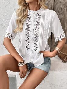 Breezaya Camisa con botones y encaje de unicolor para el tiempo libre de las señoras