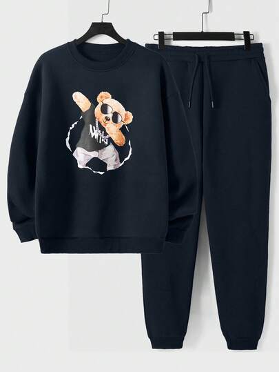 EURMUSE 2pcs Men's Cartoon Bear Print Crew Neck Long Sleeve Sweatshirt And Sweatpants Casual Set