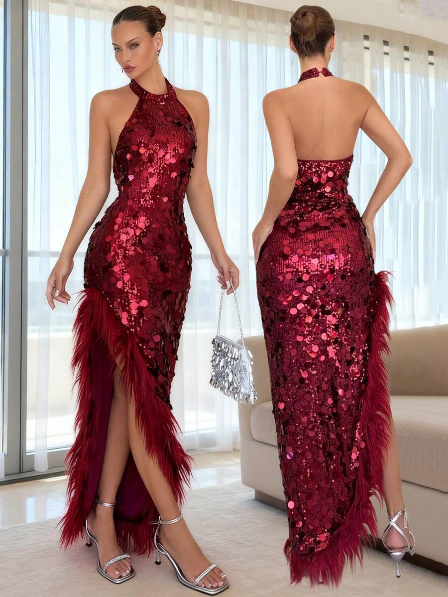 Rafferiza 露背开衩不对称羽毛亮片挂脖长裙