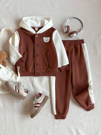 PrepCrw 男童法式优雅撞色连帽衫外套和运动裤套装（2件套）