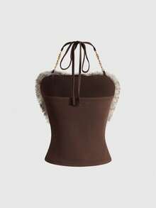 ROMWE J-Fashion 涩谷女孩 Y2K 复古音乐节拼接毛边金属链条吊带背心和超低腰迷你裙两件套 - 棕色 - 查看 6