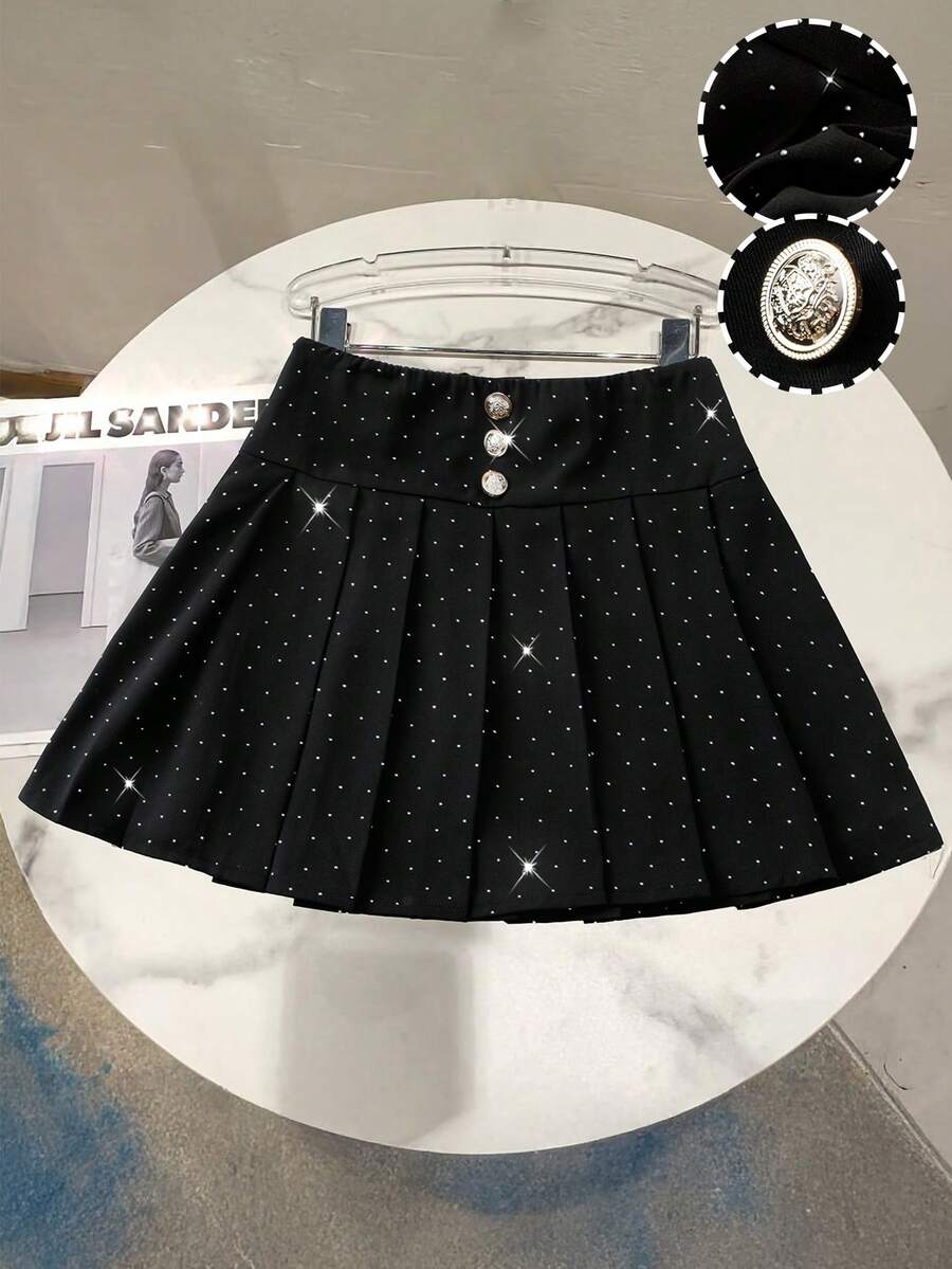 Franclia Chân váy xếp ly đính đá trang trí nút cho nữ - màu đen - Xem 1