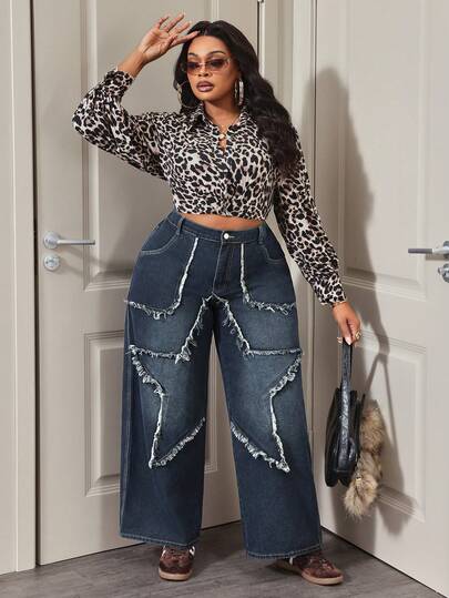 Slaydiva Plus Size Women Distressed Star Print Loose Fit Straight Leg Jeans, Autumn New Casual Slim Cowboy Pants