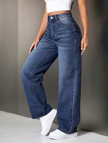 SHEIN Tall 女款休閒寬鬆直筒牛仔褲，帶口袋 - 藍色 - 查看 3