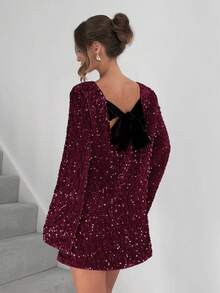 Siren Gaze Đầm mini cổ thuyền tay dài dáng rộng đính sequin lấp lánh dành cho nữ - Màu Đỏ Sâu - Xem 2