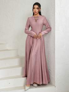 Veilorie Women's Elegant Solid Color Flared Arabic Style Dress - Dusty Pink - View 5
