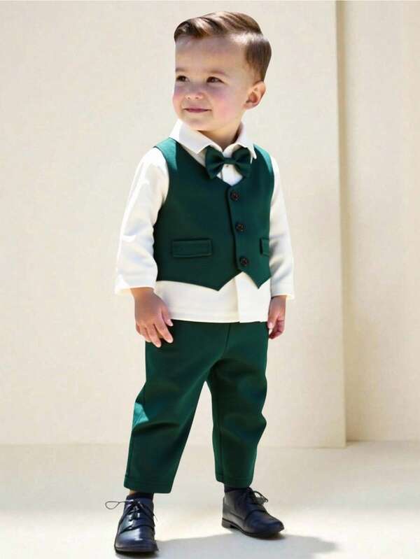 3 pezzi Completo elegante da bambino maschio: Camicia a maniche lunghe in maglia bianca con papillon, gilet monopetto e pantaloni casual in vita elastica, abbigliamento elegante e di stile adatto per feste di compleanno, Natale, battesimo, primo compleanno, eventi formali, spettacoli, mfesta di nascitàaby shower, primavera e autunno