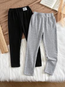 2pcs Young Girls' Letter & Cartoon Print Thermal Lined Leggings, Casual Everyday Wear, Autumn/Winter - Multicolor - View 1