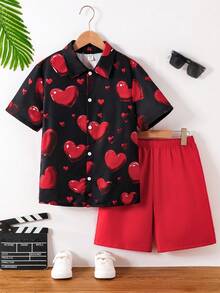 Set de 2 piezas de camisa y pantalones cortos con estampado de corazón para el Día de San Valentín para niños preadolescentes - Rojo - Ver 3