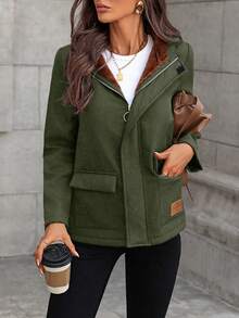 SHEIN LUNE Áo hoodie lót nhiệt màu trơn có túi dành cho nữ, dáng ôm vừa vặn, thường ngày, thu/đông - màu xanh lá - Xem 4