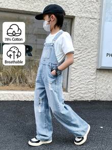 SHEIN 青少年男孩时尚休闲蓝色牛仔背带裤，适合儿童夏季穿着