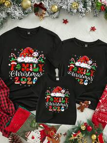 SHEIN Tricou de Crăciun cu mânecă scurtă, grafică cu desene animate și om de zăpadă, casual, cu guler rotund, confortabil și călduros, potrivit pentru toamnă/iarnă, stil stradal, casă, petrecere - Negru - Vizualizare 1