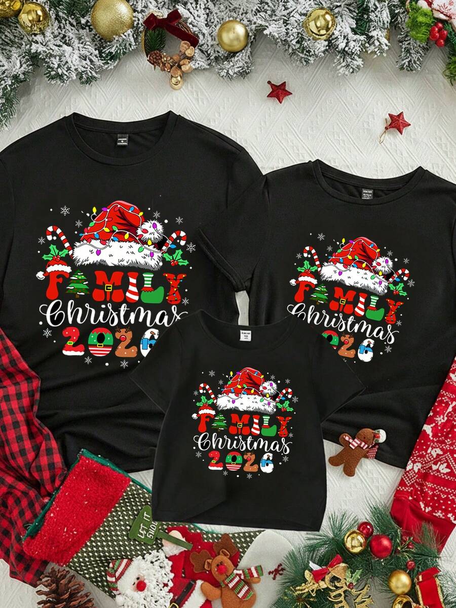 SHEIN Tricou de Crăciun cu mânecă scurtă, grafică cu desene animate și om de zăpadă, casual, cu guler rotund, confortabil și călduros, potrivit pentru toamnă/iarnă, stil stradal, casă, petrecere - Negru - Vizualizare 1