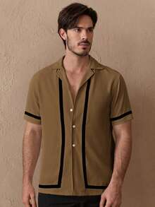 Manfinity VCAY Herren-Freizeithemd mit kontrastfarbenem, einreihigem Kurzarm-Design, ideal für Pendler und Freizeit. Auch in Schwarz und Khaki erhältlich. Herrenhemd in Hellbraun und Braun. Herrenhemd aus Seide. - Khaki - Übersicht 4