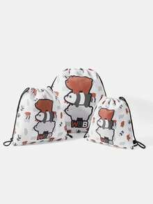 We Bare Bears X SHEIN Cartoon & Letter Print Travel Drawstring Bags, Multi-Size Storage Pouches - bear - View 3