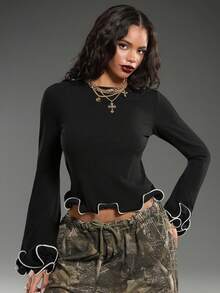 Normani Women's Ruffle Trim Round Neck Long Sleeve Fashion T-Shirt - Black - View 1
