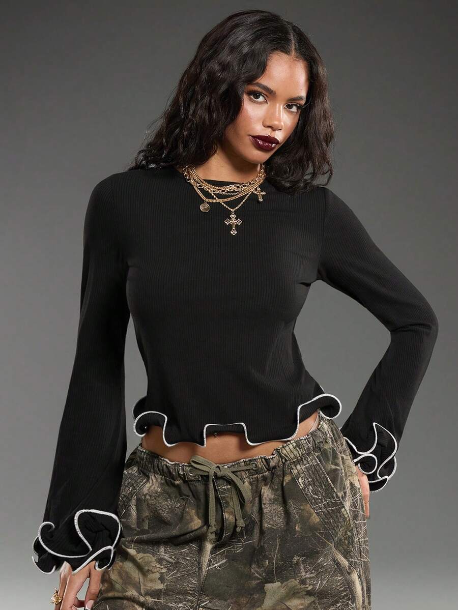 Normani Women's Ruffle Trim Round Neck Long Sleeve Fashion T-Shirt - Black - View 1