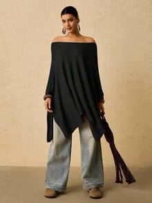 Travachic Lässiger Oversized Off-Shoulder Loser Weißer Poncho Pullover für Damen, Herbst/Winter - Schwarz - Übersicht 6