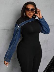 SHEIN CURVE+ Spring Plus Size Women Cowgirl Style Blue Denim Jacket, Unique And Spring - Dark Wash - View 4