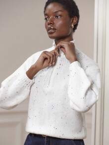 lacRébo White Loose-Fit Knit Sweater With High Neck, Front Zip, And Colorful Sequin Details White Winter Jumper Going Out Party New Year - White - View 4