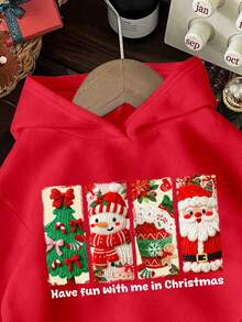SHEIN EZwear 休闲复古圣诞系列，红色，人造毛皮圣诞老人、圣诞树、雪人、姜饼人饮料杯印花，宽松加厚卫衣，适合女士新年派对 - 紅色 - 查看 4