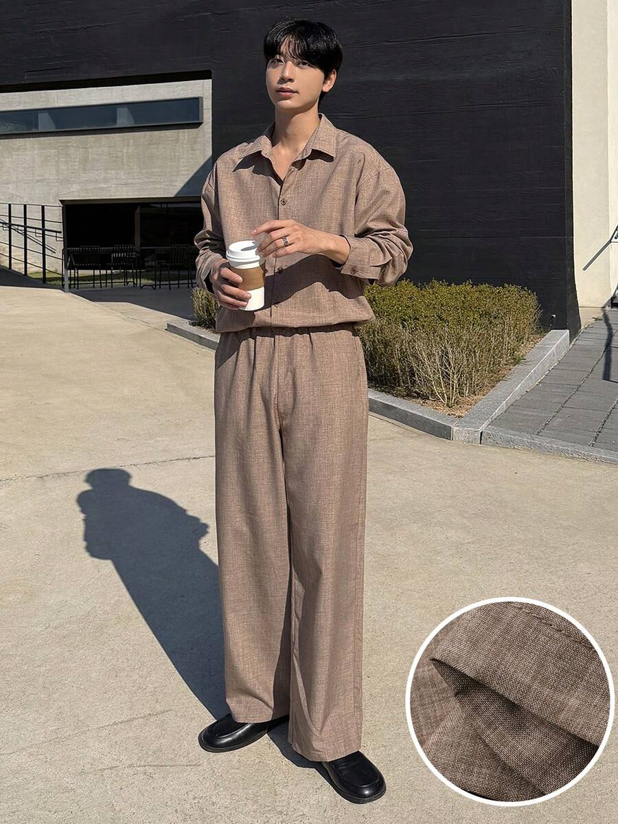 DAZY 2pcs Men's Solid Color Khaki Shirt Loose Pants Suit Set, Spring/Autumn Quarter Zip Men - Khaki - View 1
