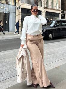 NegzBox 女士优雅浪漫珍珠装饰褶皱长袖白色衬衫，正式办公室/通勤，长袖上衣 - 白色 - 查看 6