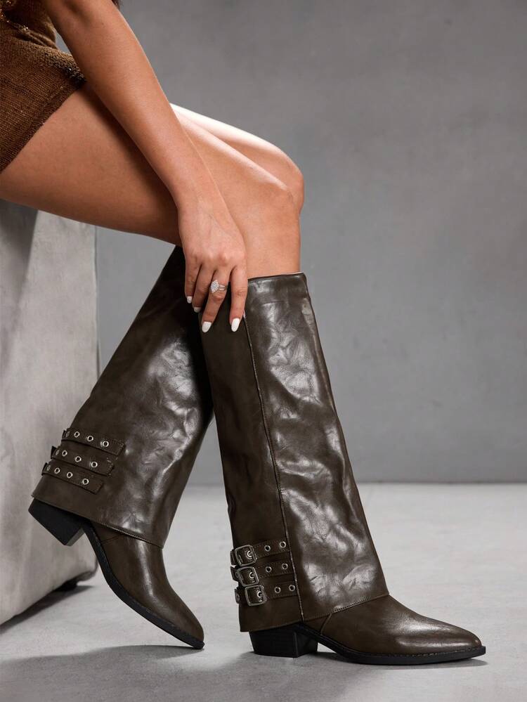 CUCCOO SZL Bottes hautes marron automne/hiver pour femmes, bottes longues à talon épais avec décoration boucle métallique mode, bottes de cavalière rétro chic et élancées