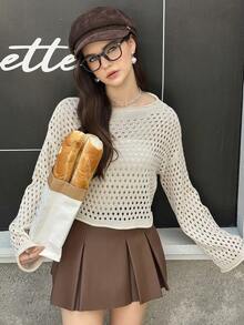 SHEIN Teen Girls' Hollow Out Knit Flare Sleeve Sweater White Textured Knit Sweater Tween Girl Sweater Girls White Sweater Kids White Knit Sweater Teen White Sweater