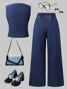 SHEIN Tween Girl Casual Top And Pants Set, Basic V-Neck Sleeveless Top With Loose Straight Leg Jeans, Suitable For Beach, Vacation, Casual Parties And Holidays In Spring, Summer And Autumn - Dark Wash - View 2