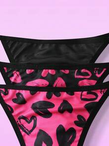 3pcs/Set Heart Print Women's Thong Panties, Sexy & Cute Underwear Set With Metal Buckle Decor
