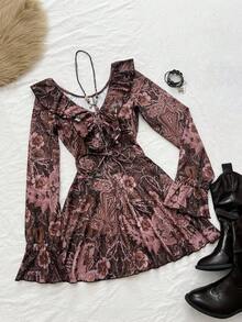 SHEIN Unity 1 件女士棕色印花深 V 领系带腰部荷叶边下摆休闲/工作连衣裙，秋季 - 棕色 - 查看 1