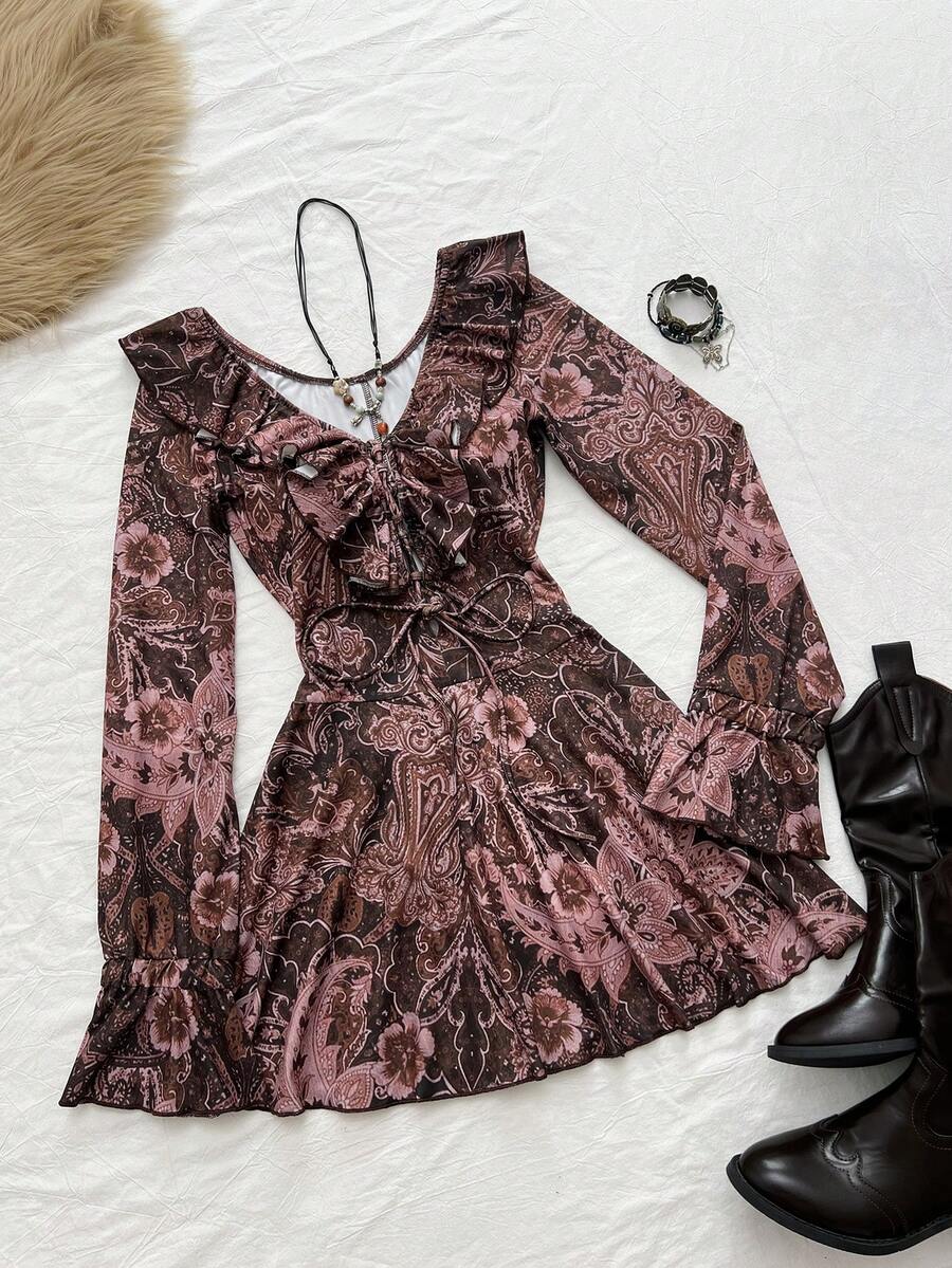 SHEIN Unity 1 件女士棕色印花深 V 领系带腰部荷叶边下摆休闲/工作连衣裙，秋季 - 棕色 - 查看 1