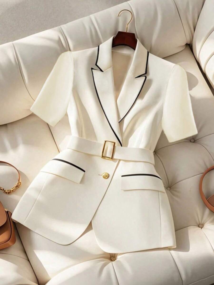 GlowEve Blazer de manga corta con abotonadura sencilla, ribete de color block para mujer, ideal para el uso diario en verano - Albaricoque - Ver 1