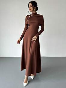 Firerie Váy trơn màu thanh lịch dành cho nữ có cổ đứng - màu nâu - Xem 8