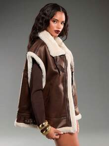 Normani Giacca di moda con inserti in pelliccia sintetica, trapuntata in pile, imbottita, con rivestimento  e fodera in borg - Castano - Visualizzare 5