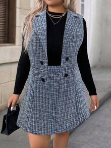 SHEIN LUNE Plus Size Plaid Lapel Double-Breasted Coat And Skirt Set - Blue - View 3