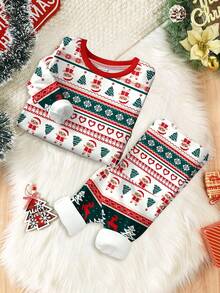 SHEIN 男婴圣诞主题舒适贴身长袖上衣和裤子睡衣套装，采用经典圣诞树、卡通和驯鹿图案，适合秋冬季 - 彩色 - 查看 4