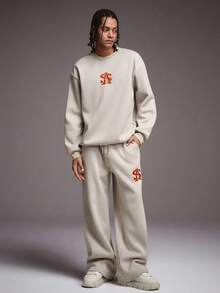 STYNVO 男士字母刺绣圆领长袖休闲套头卫衣和运动裤套装 - 杏色 - 查看 4