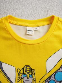 Transformers X SHEIN 男童两件套时尚休闲机器人印花圆领长袖针织T恤，黄蓝配色