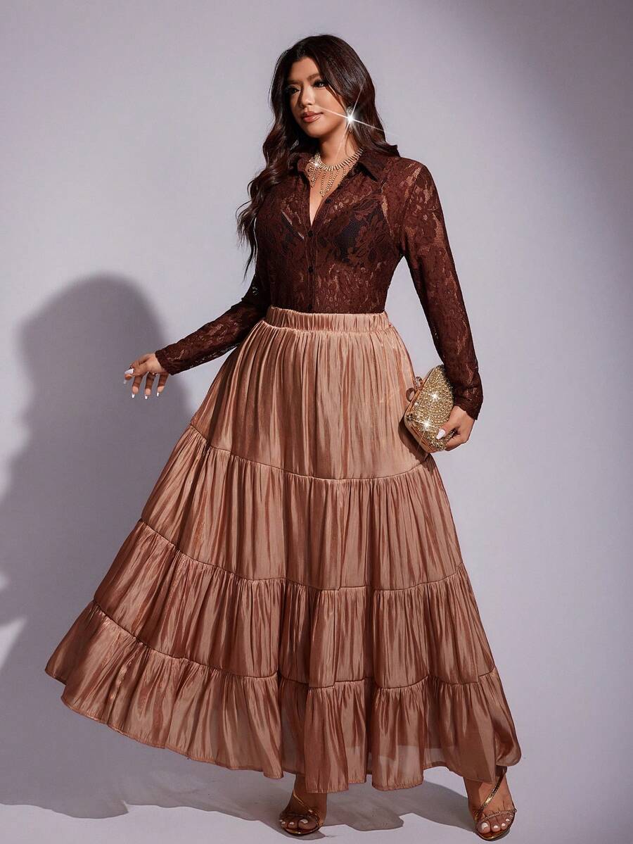 Viva Relle Plus Size Glitter Ruched Ruffled Hem Asymmetrical Hem Dresswinter Christmas Summer Party Elegant New Year - Orange - View 1
