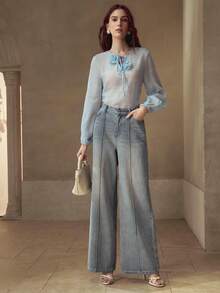 MOTF PREMIUM LINEN SOLID STEREO FLOWER TIE NECK LANTERN SLEEVE BLOUSE