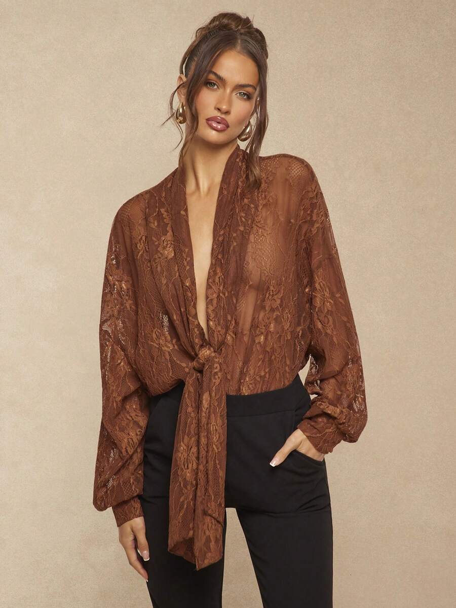 Silquee Elegant Brown Summer Women's Top Sheer Lace Deep V-Neck Tie-Up ...